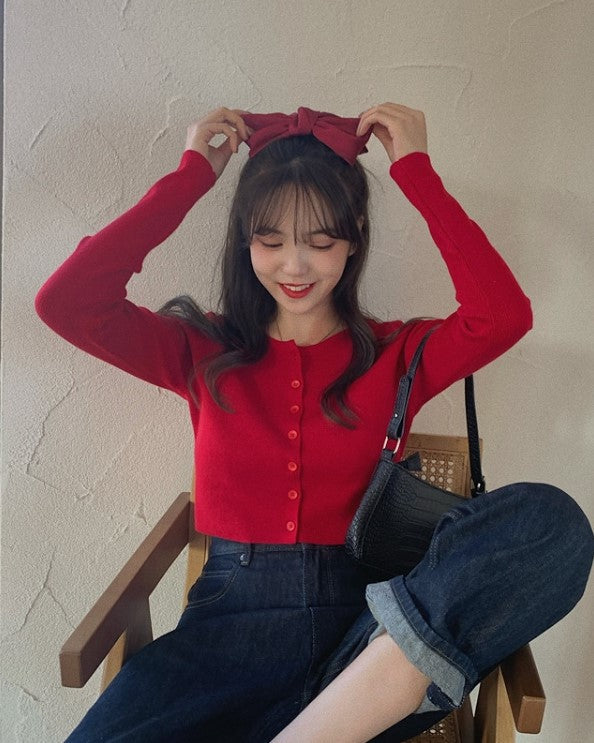 Red Button-Up Cropped Cardigan