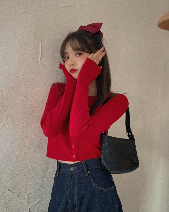 Red Button-Up Cropped Cardigan