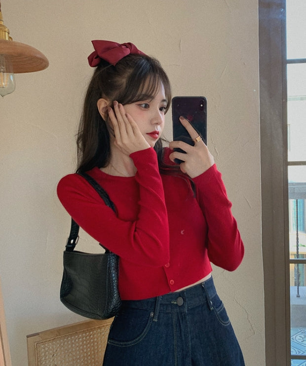Red Button-Up Cropped Cardigan