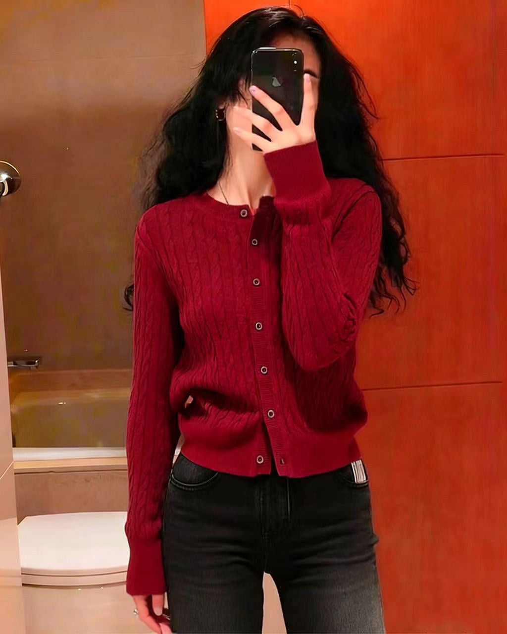 Red Cable Knit Cardigan