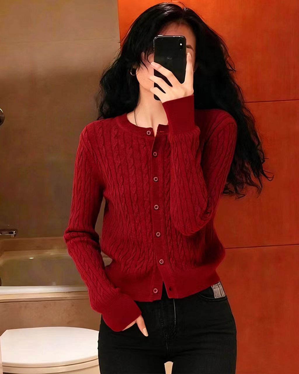 Red Cable Knit Cardigan