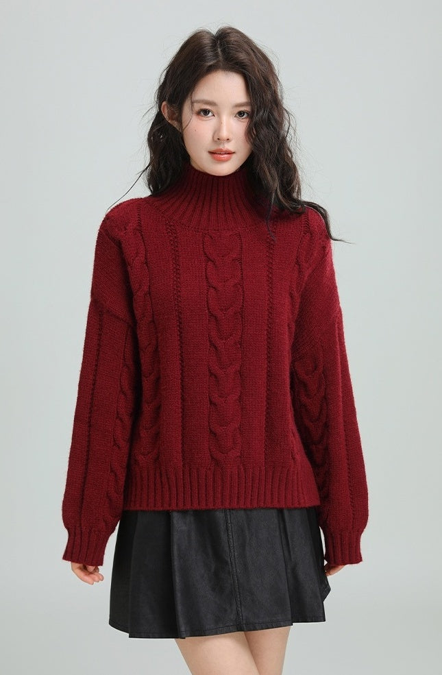 Red Cable Knit Turtleneck Sweater