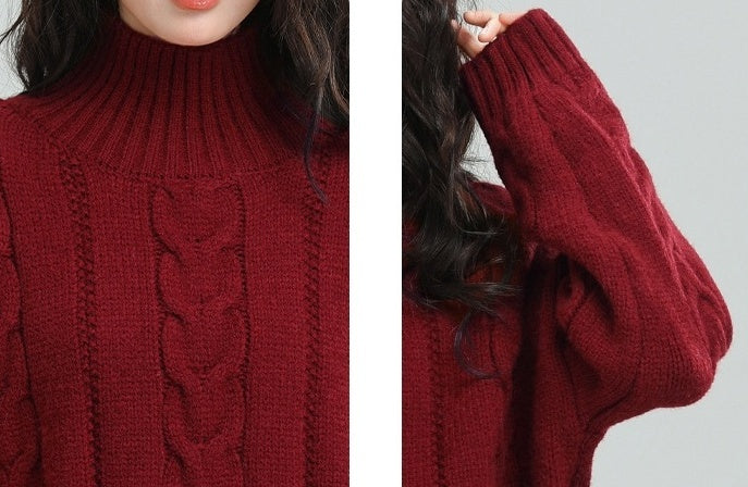 Red Cable Knit Turtleneck Sweater
