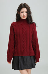 Red Cable Knit Turtleneck Sweater