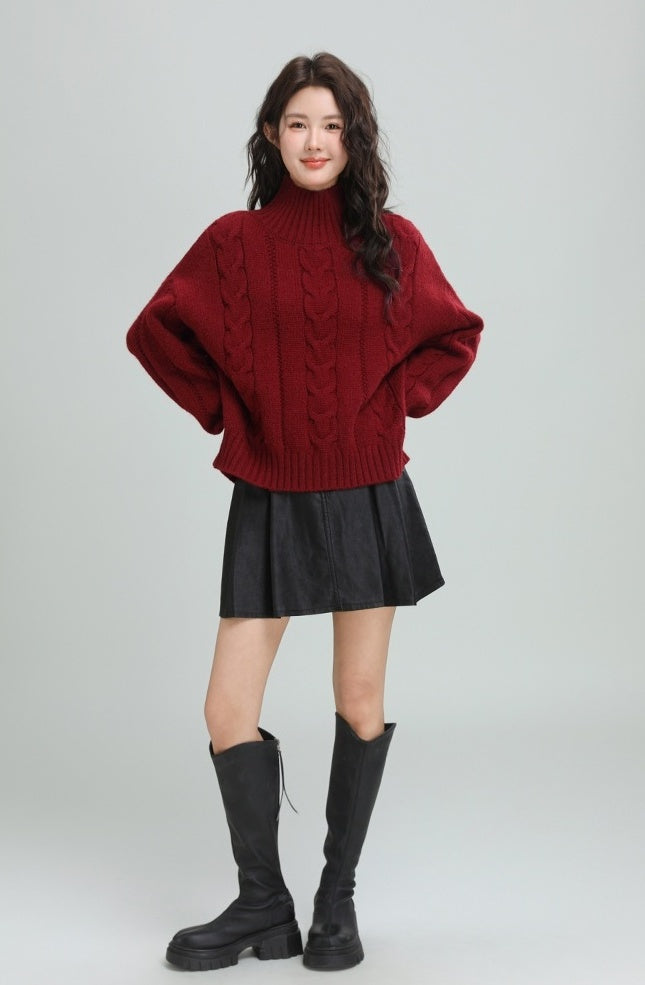 Red Cable Knit Turtleneck Sweater