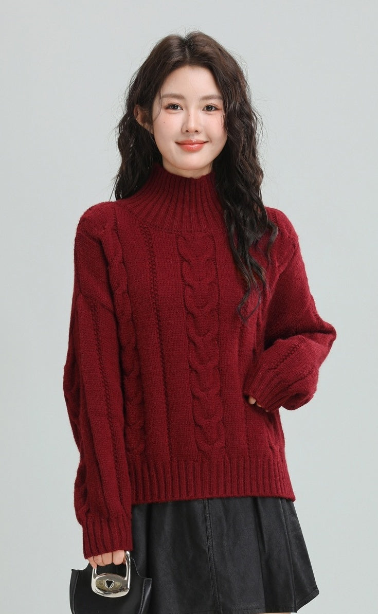 Red Cable Knit Turtleneck Sweater