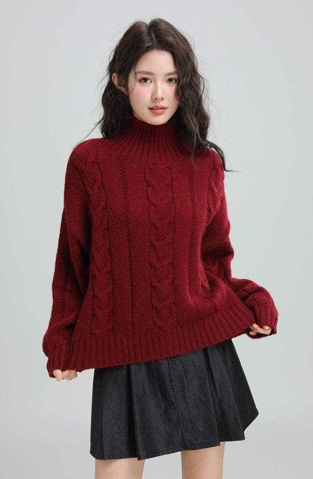 Red Cable Knit Turtleneck Sweater