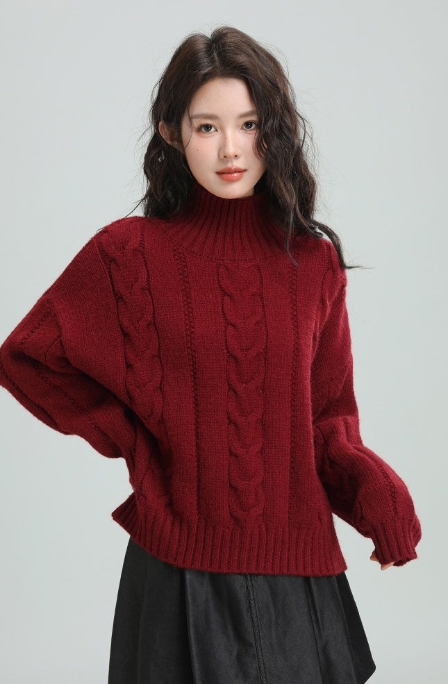Red Cable Knit Turtleneck Sweater