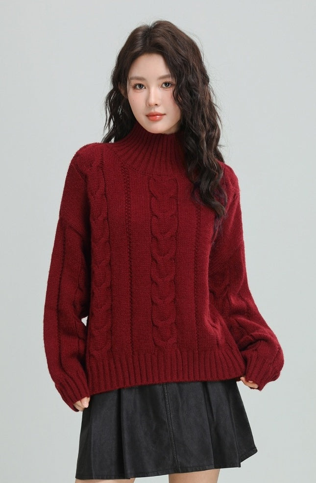 Red Cable Knit Turtleneck Sweater
