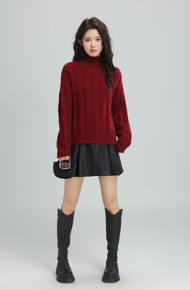 Red Cable Knit Turtleneck Sweater