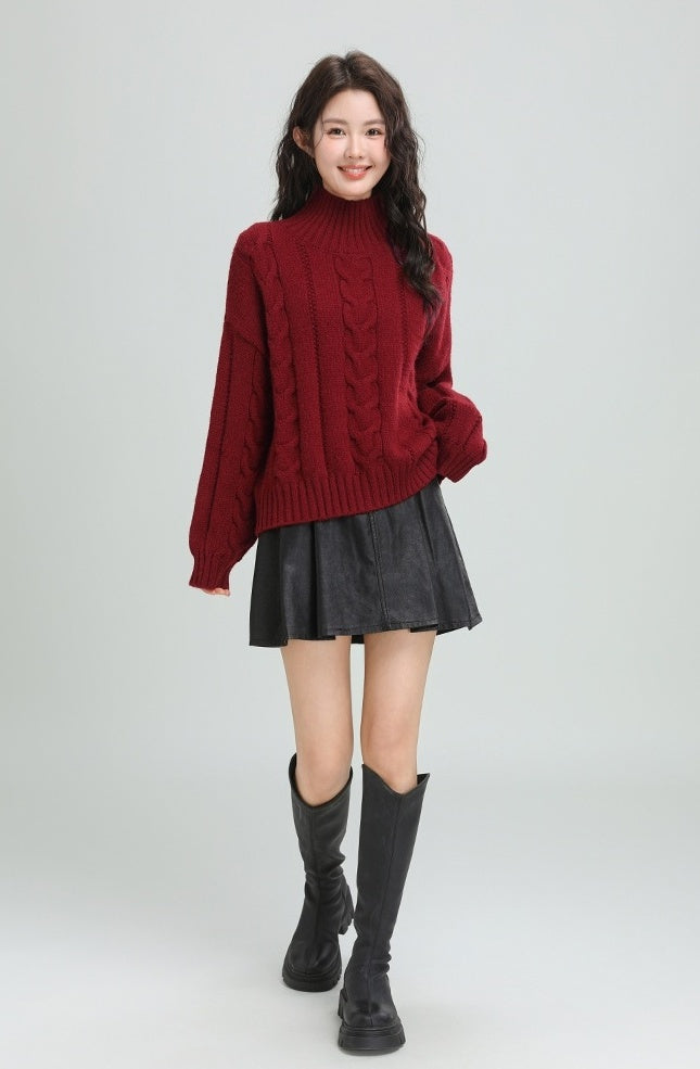 Red Cable Knit Turtleneck Sweater