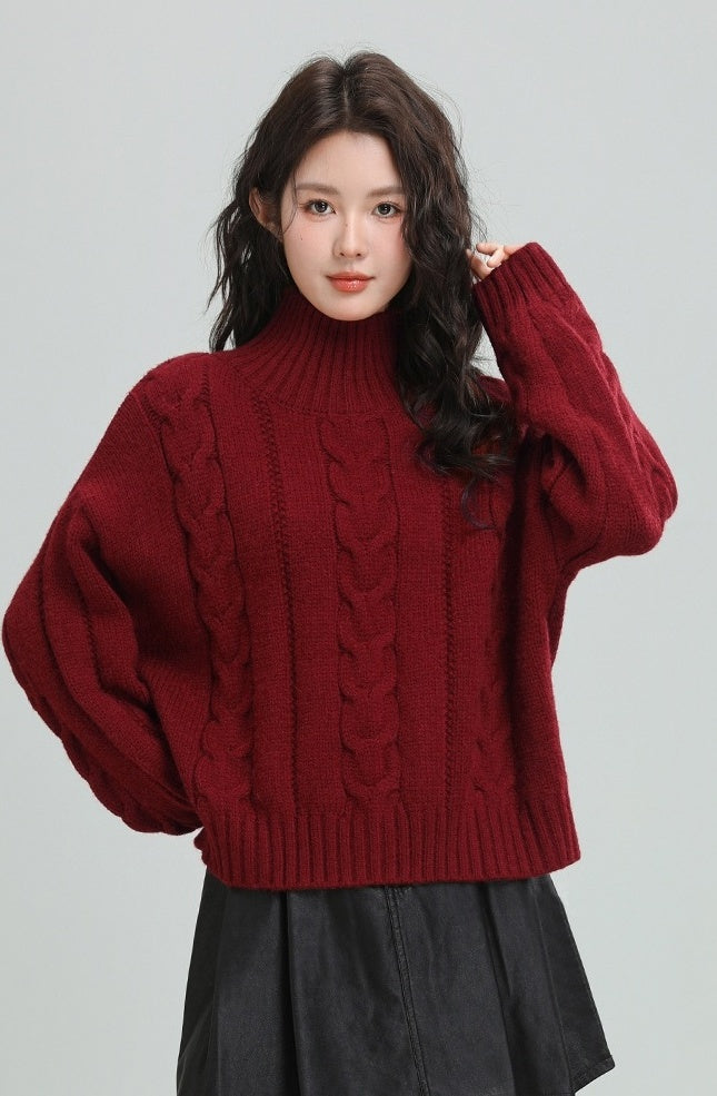 Red Cable Knit Turtleneck Sweater