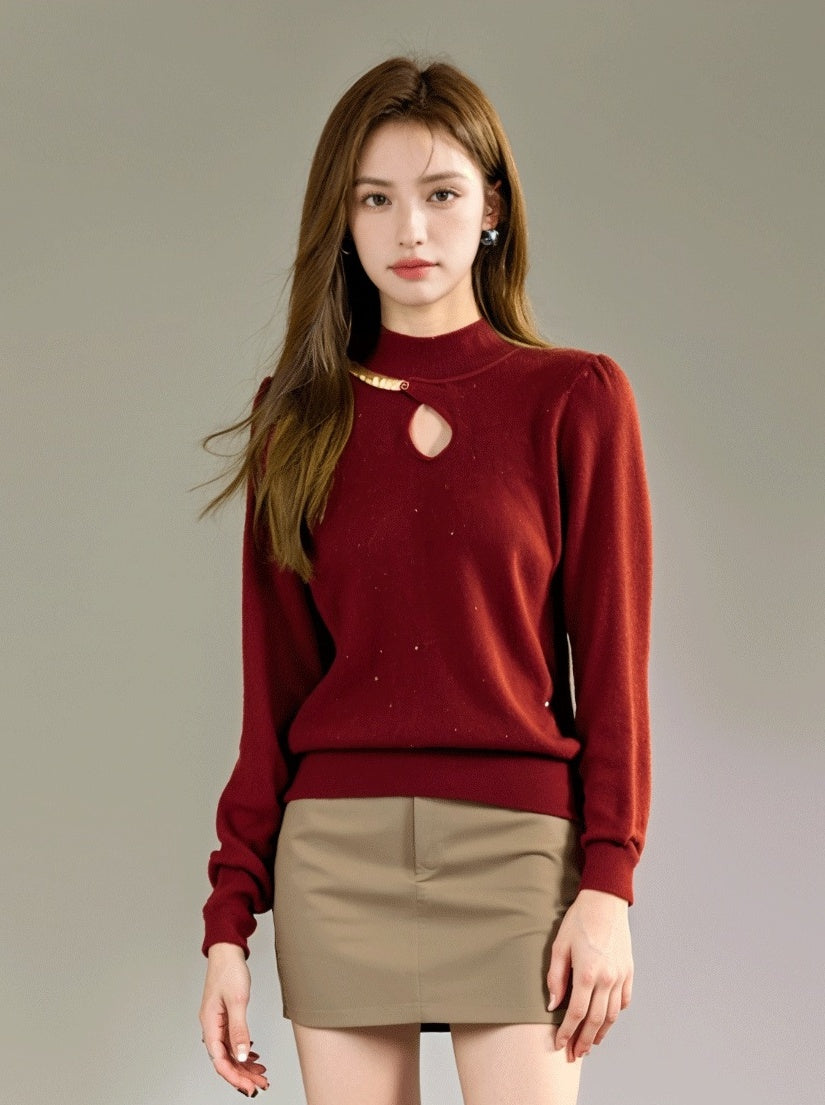 Red High Neck Knit Sweater With Half Chain Design