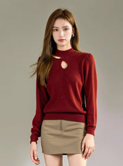 Red High Neck Knit Sweater With Half Chain Design