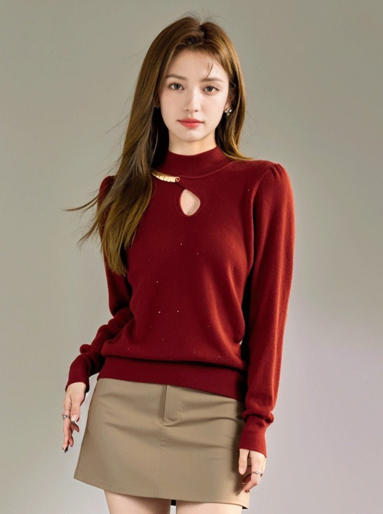 Red High Neck Knit Sweater With Half Chain Design