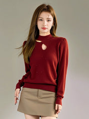 Red High Neck Knit Sweater With Half Chain Design