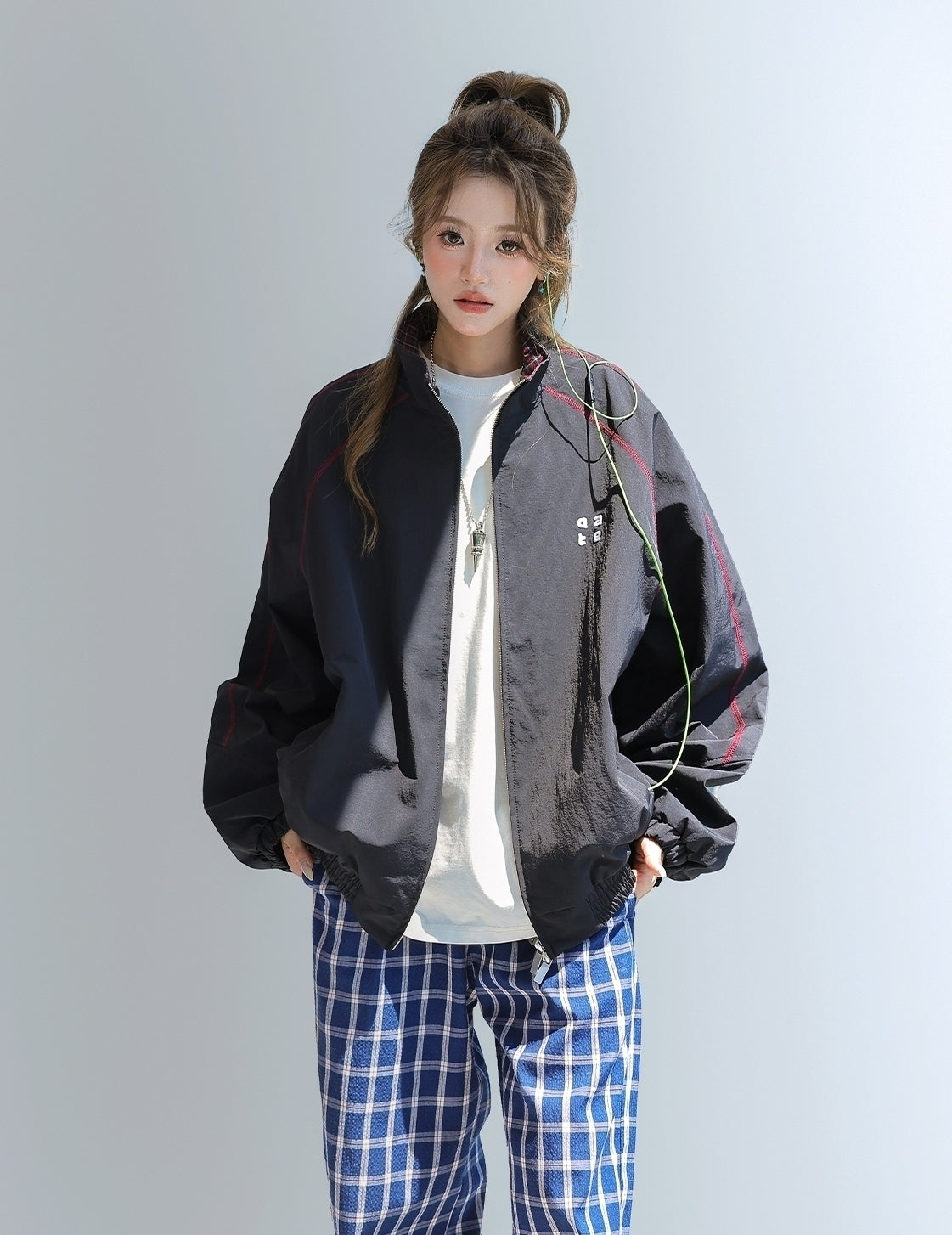 Red Colorblock Casual Stand Collar Jacket
