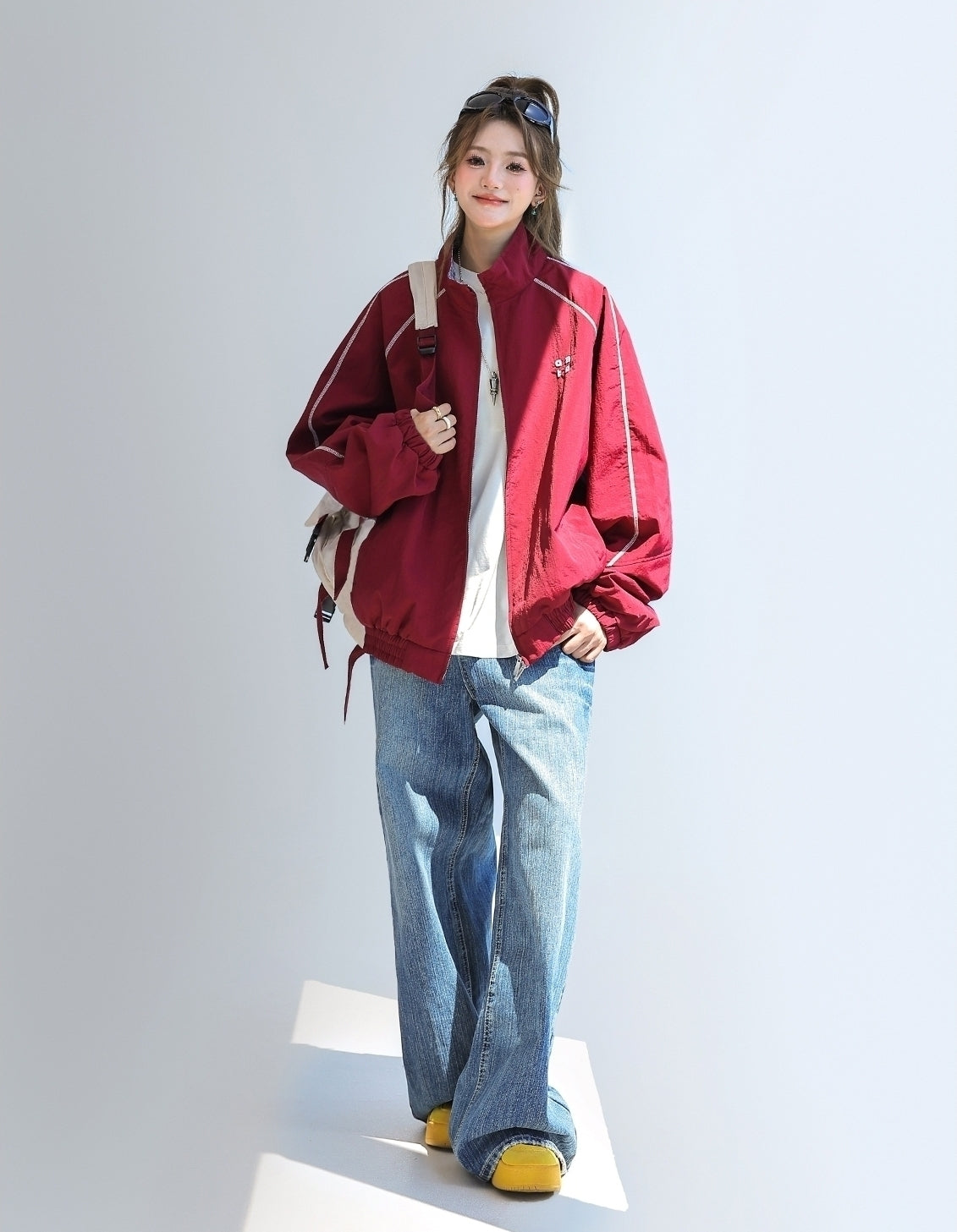 Red Colorblock Casual Stand Collar Jacket