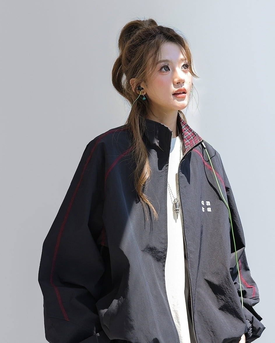 Red Colorblock Casual Stand Collar Jacket