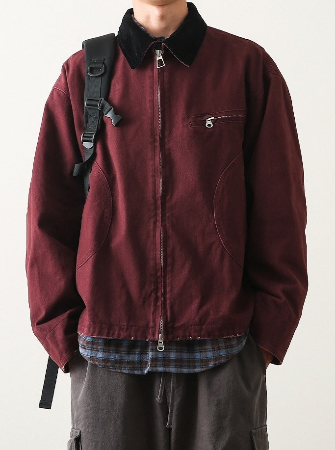 Red Contrast Collar Zip-Up Jacket