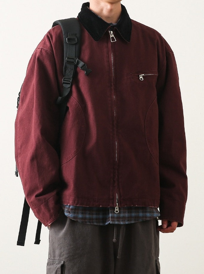 Red Contrast Collar Zip-Up Jacket