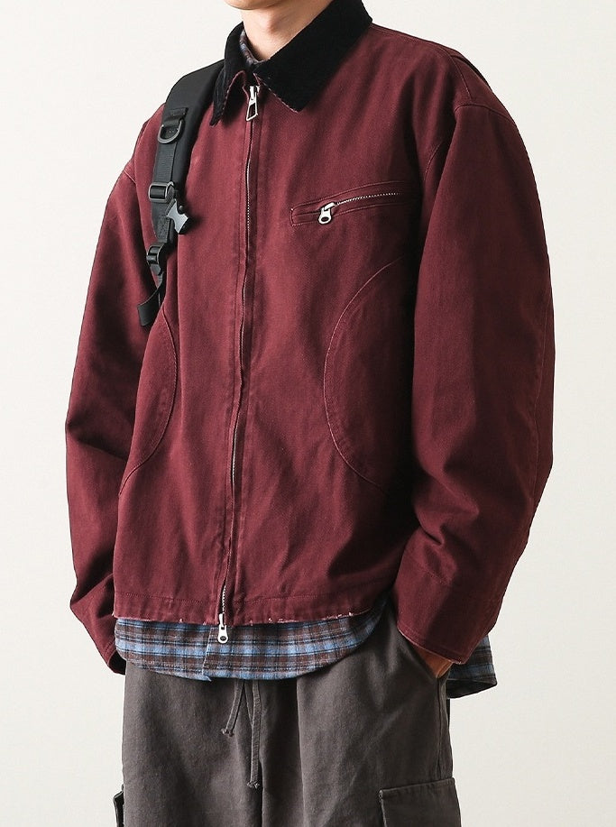 Red Contrast Collar Zip-Up Jacket