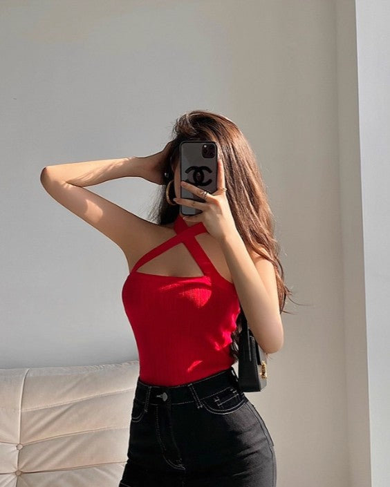 Red Criss-Cross Halter Ribbed Top