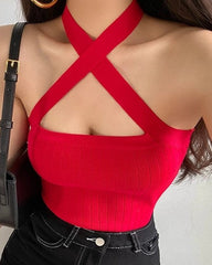 Red Criss-Cross Halter Ribbed Top