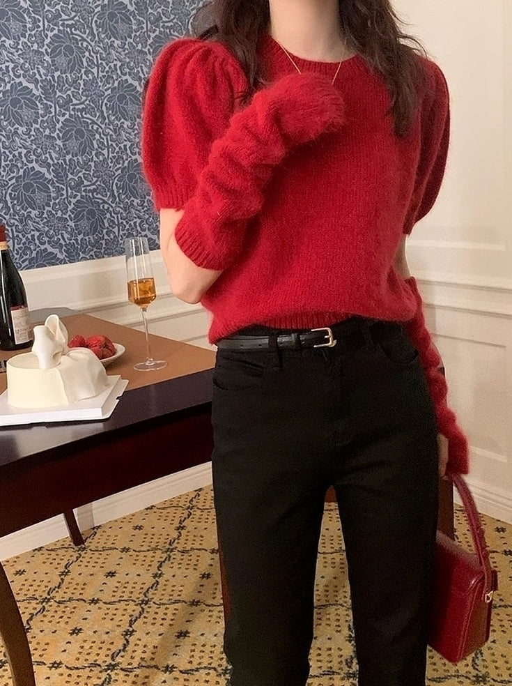 Red Detachable Arm Sleeves Puff Top