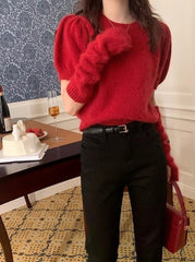Red Detachable Arm Sleeves Puff Top