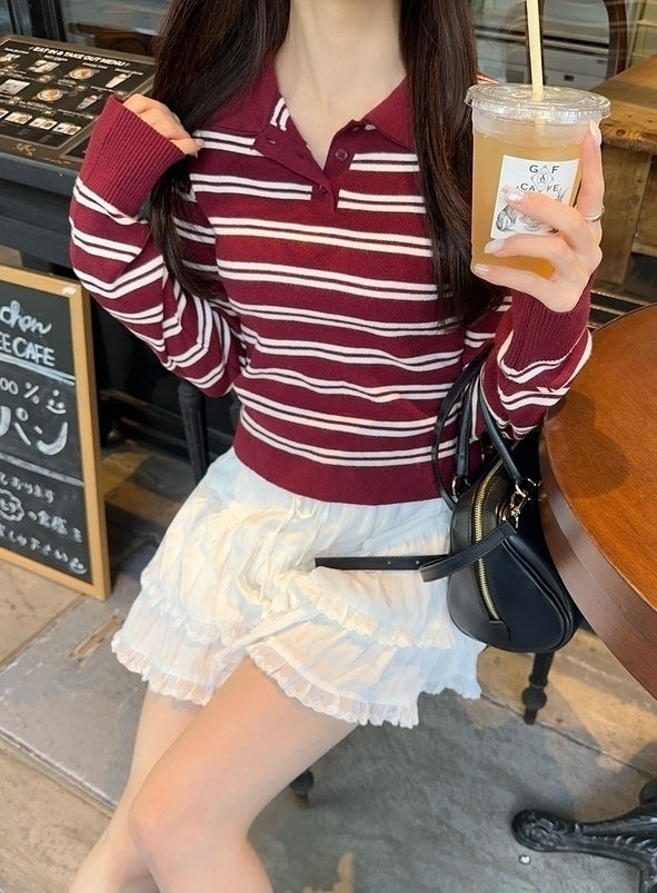 Red Double Collar Long Sleeves Polo Shirt