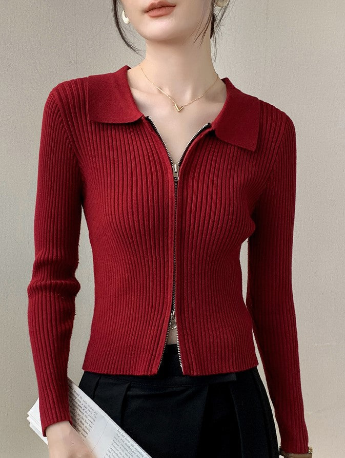 Red Double Zipper Cardigan