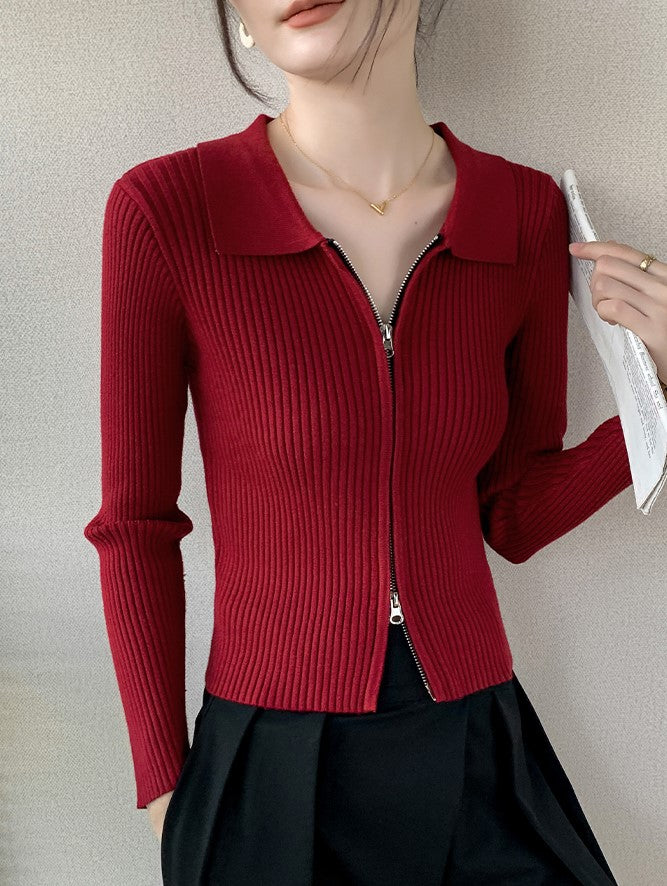 Red Double Zipper Cardigan