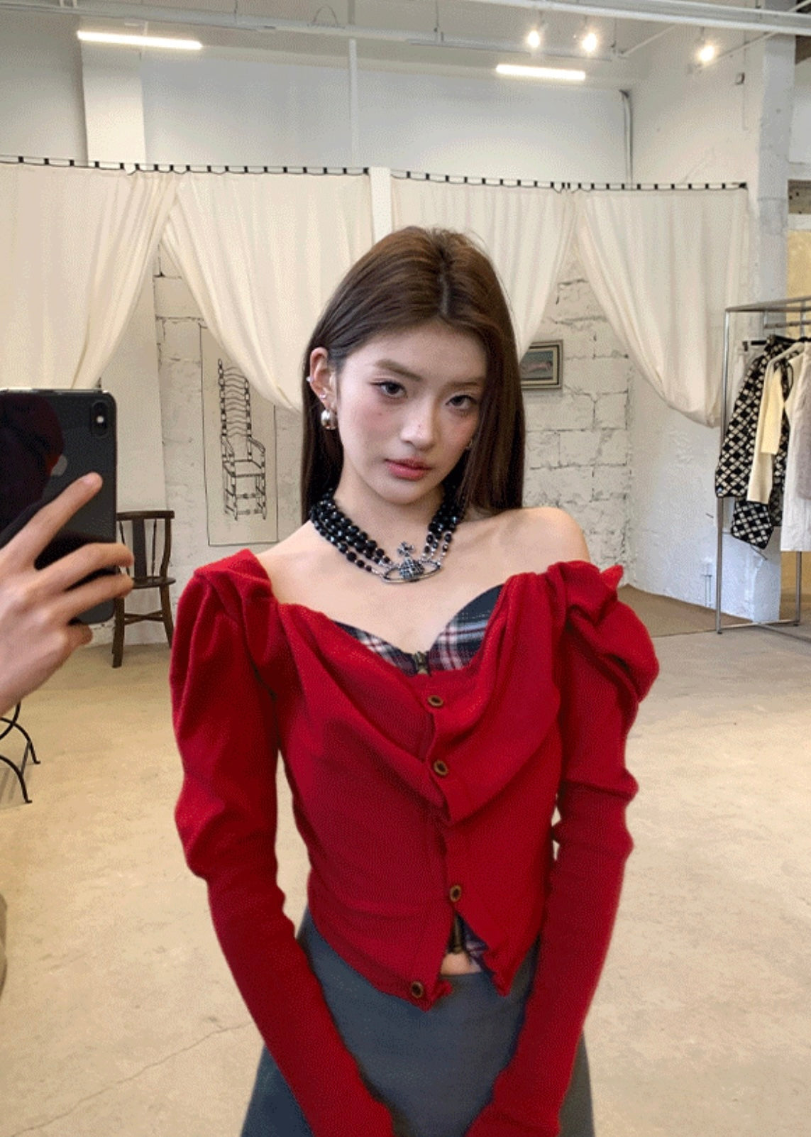 Red Draped Button Corset Top
