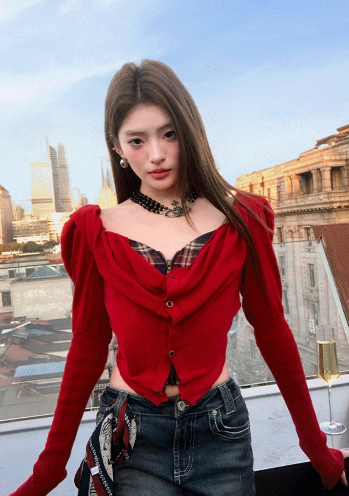 Red Draped Button Corset Top