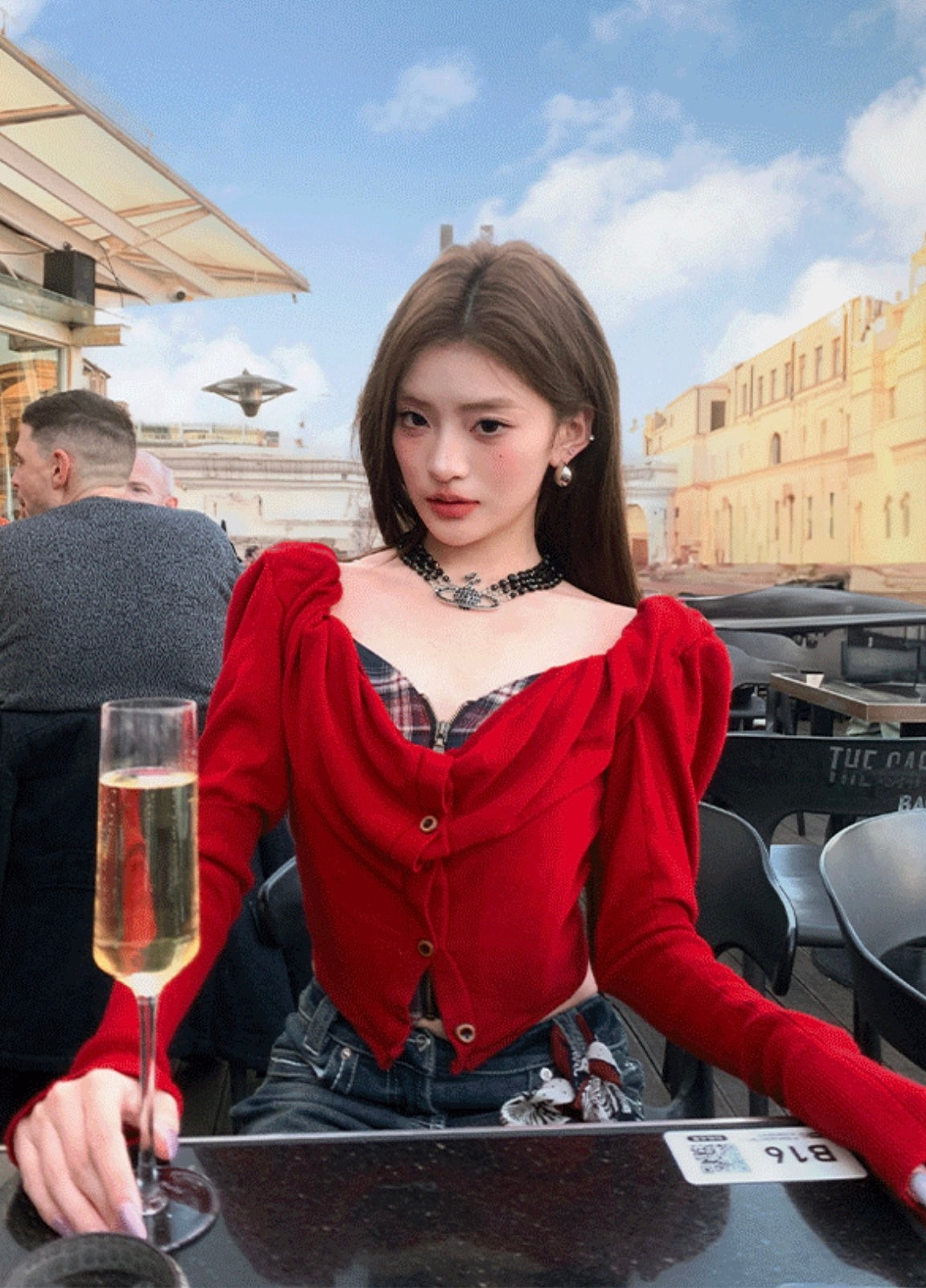 Red Draped Button Corset Top