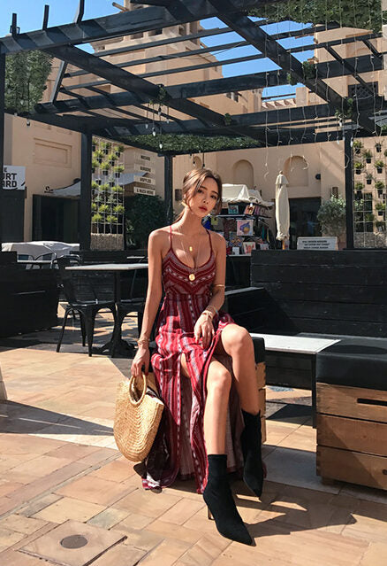 Red Ethnic Backless Maxi Dress
