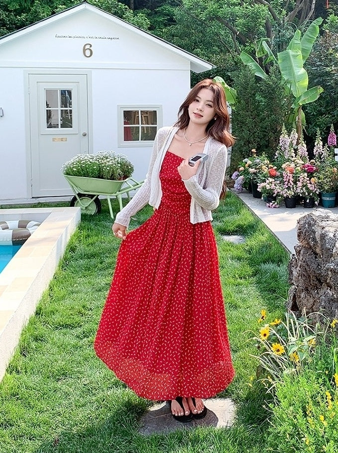 Red Floral Knit Cardigan And Dress Set