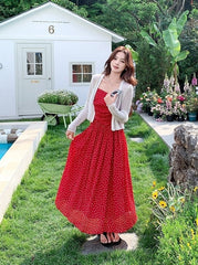 Red Floral Knit Cardigan And Dress Set