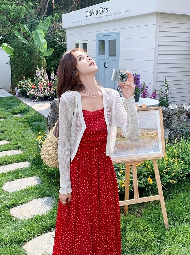 Red Floral Knit Cardigan And Dress Set