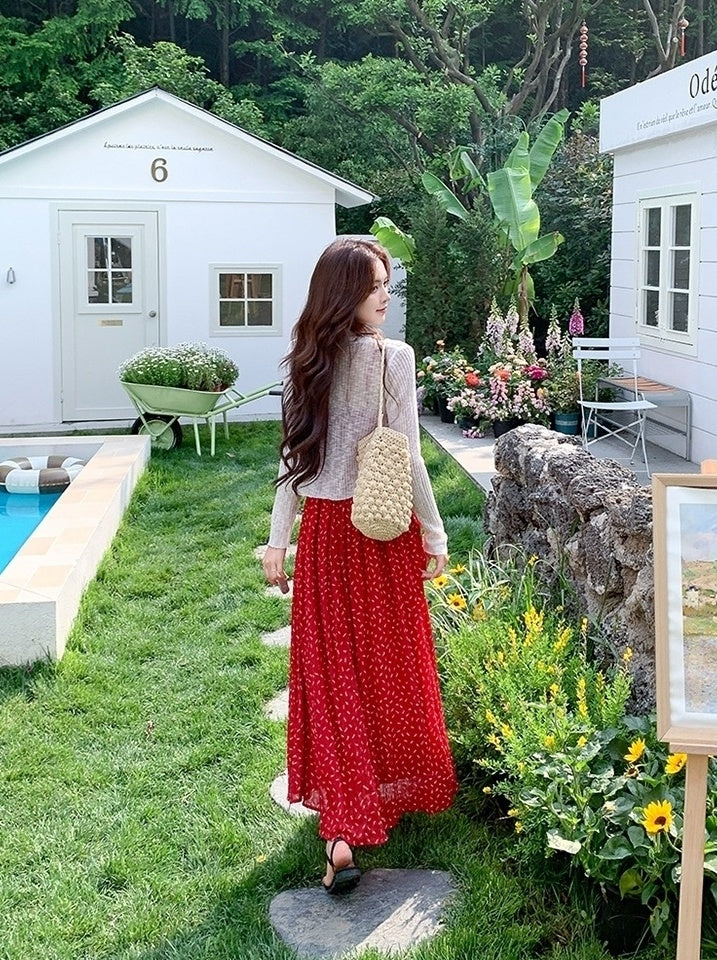 Red Floral Knit Cardigan And Dress Set