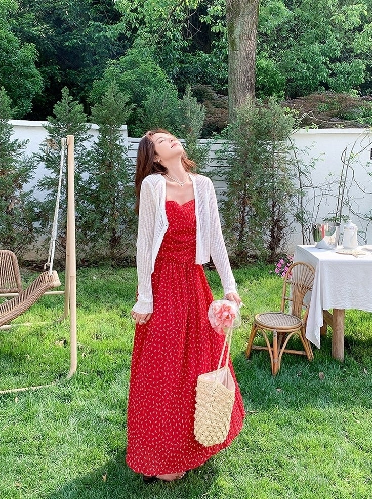 Red Floral Knit Cardigan And Dress Set