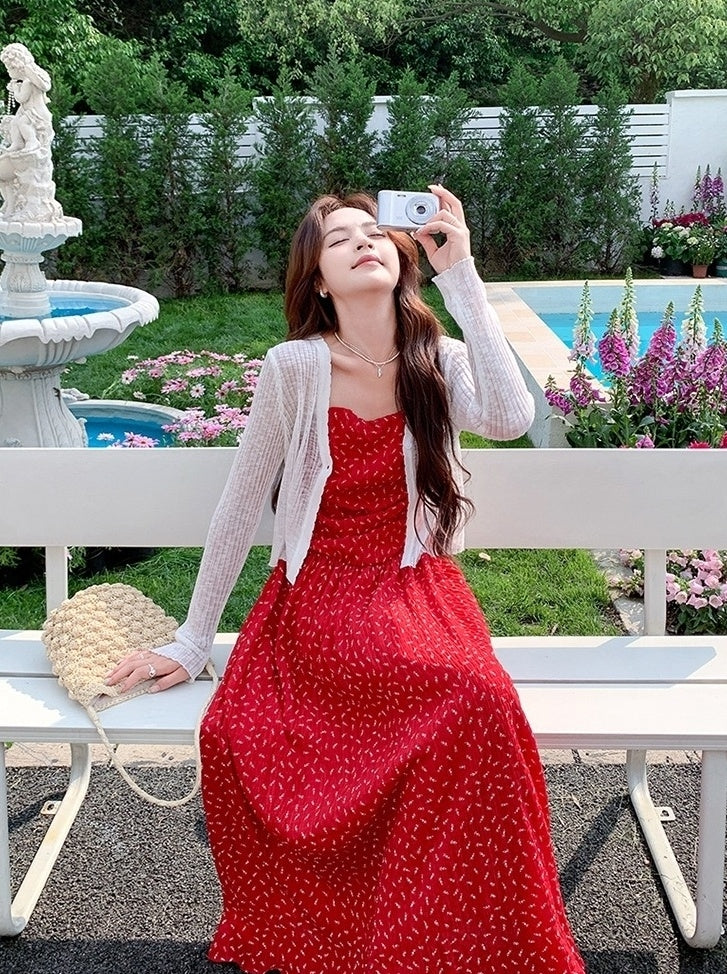Red Floral Knit Cardigan And Dress Set