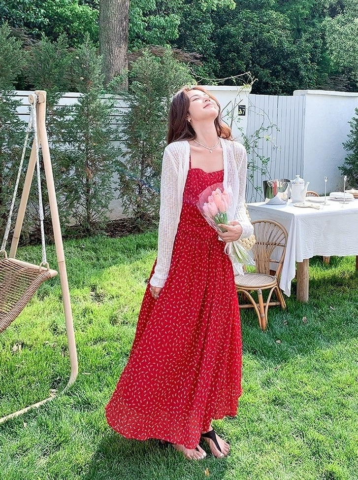 Red Floral Knit Cardigan And Dress Set