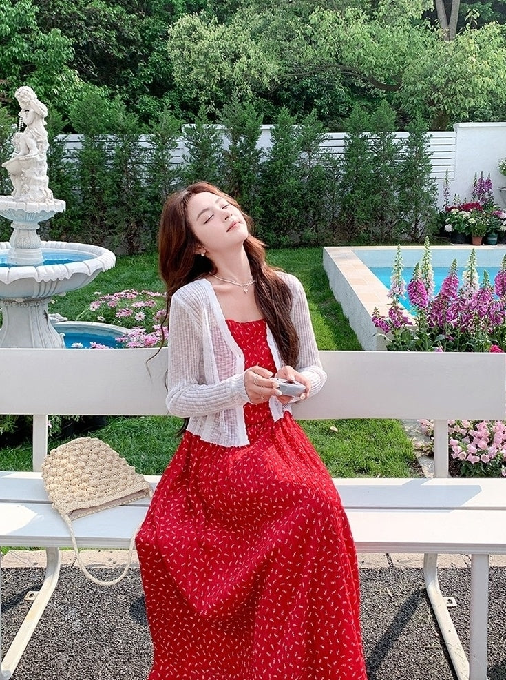 Red Floral Knit Cardigan And Dress Set