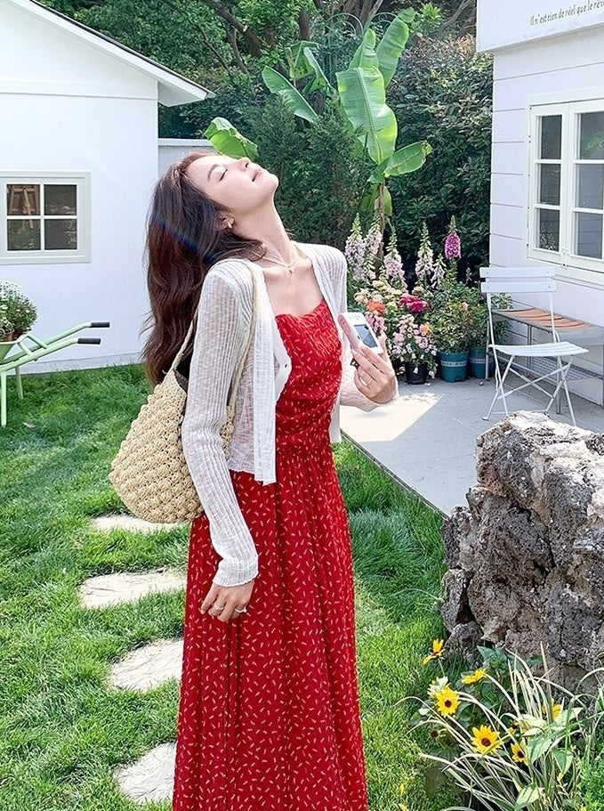 Red Floral Knit Cardigan And Dress Set