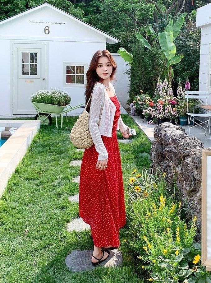 Red Floral Knit Cardigan And Dress Set