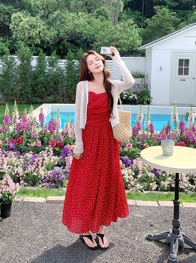 Red Floral Knit Cardigan And Dress Set