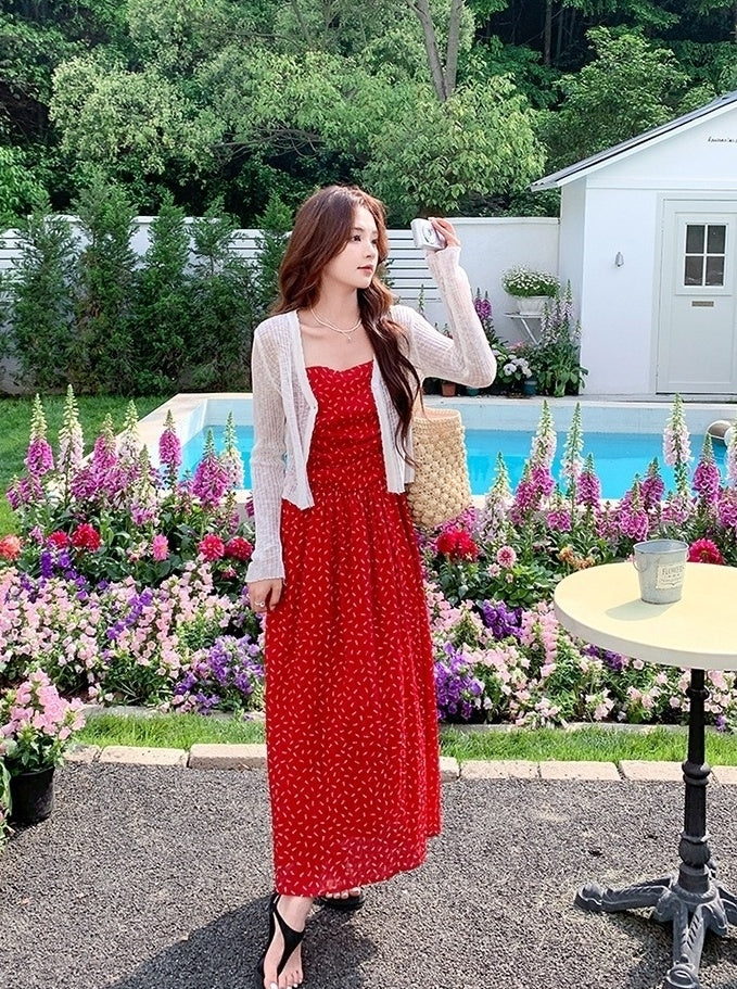 Red Floral Knit Cardigan And Dress Set
