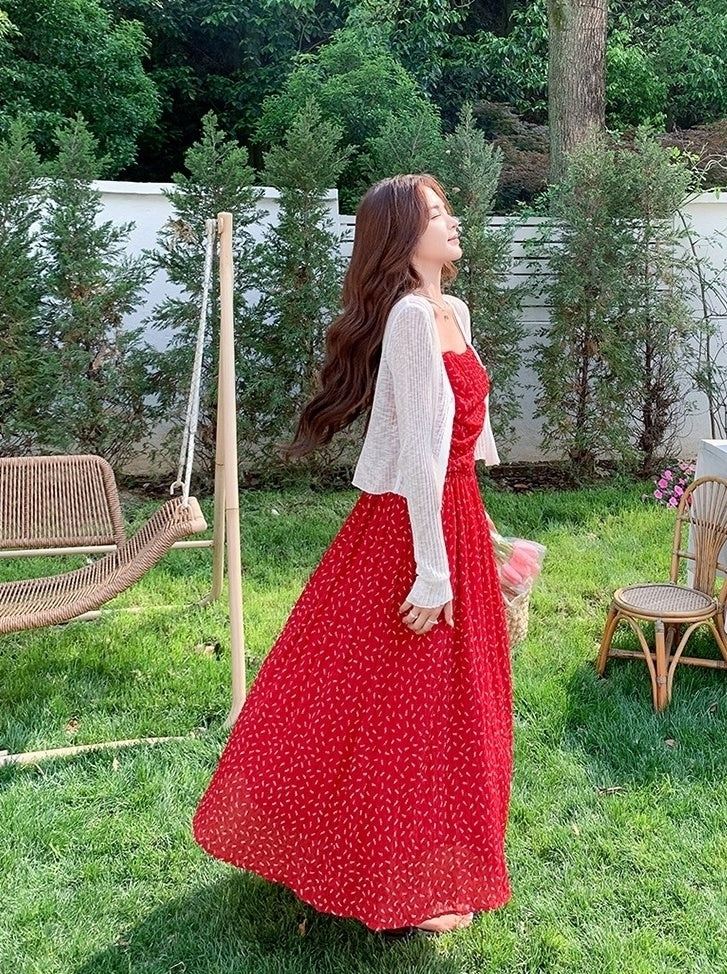 Red Floral Knit Cardigan And Dress Set